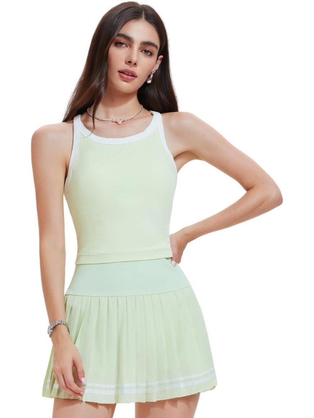 〽️Women's Lime Green 2 Piece Racer Back Tennis Skirt Tank Top Pull On Golf Dress